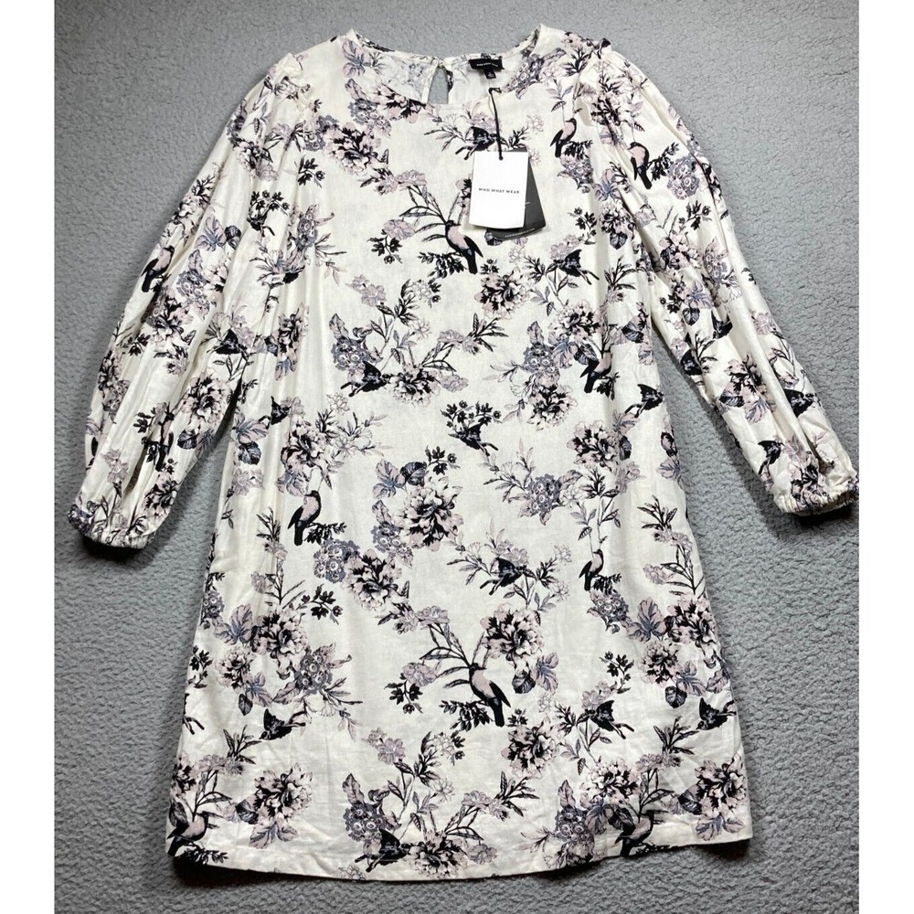 Who What Wear Dress Women's Large White Black Floral Birds Romantic Cottage Core